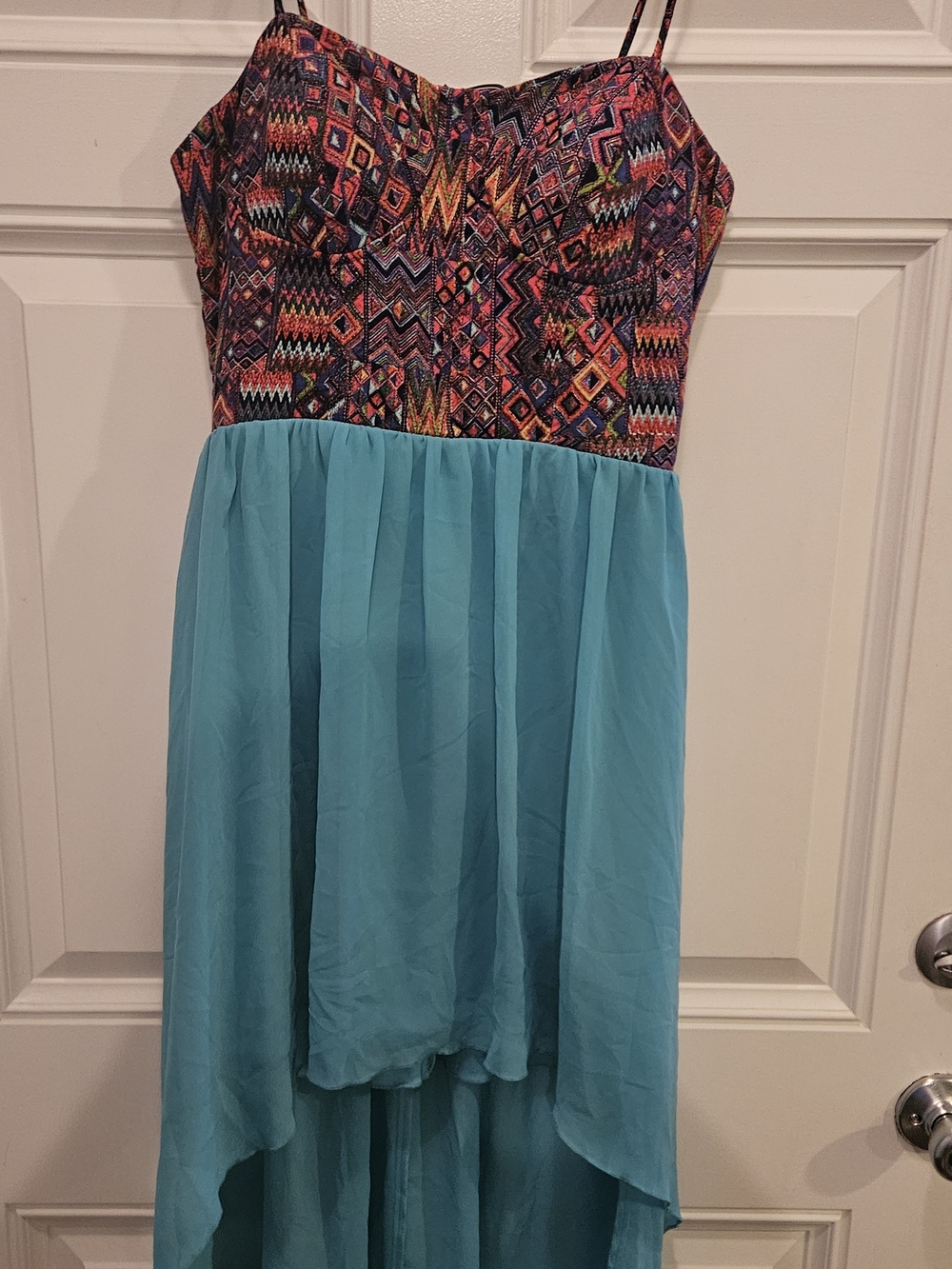 Dress with Turquoise Skirt and Multicolor Printed Bodice